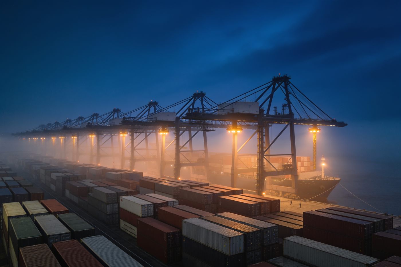 Terminal portuaire à la tombée de la nuit : portiques, navire à quai et blocs de conteneurs