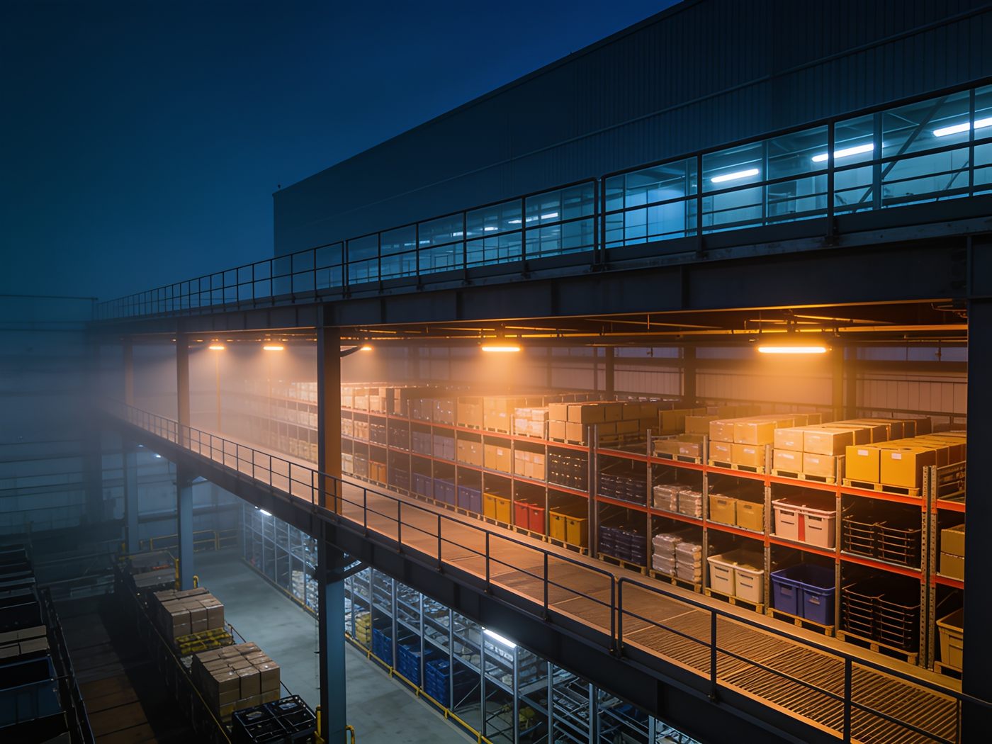 Mezzanine de préparation de commandes avec bacs et cartons sur deux niveaux