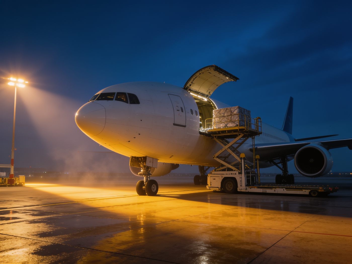 Avion-cargo en chargement sur l'aire de trafic, porte de soute ouverte