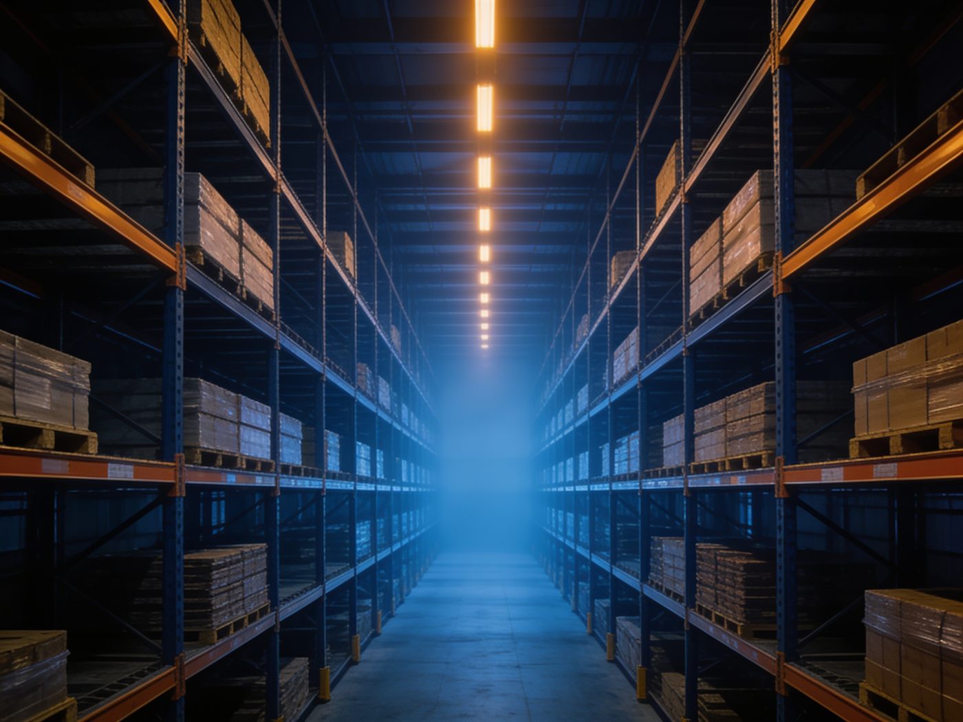 Allée de racks de grande hauteur chargés de palettes dans un entrepôt