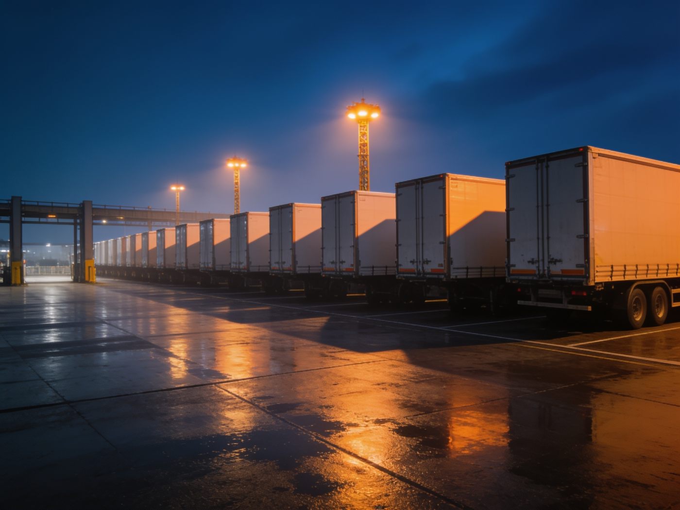 Semi-remorques alignées devant le poste de garde d’un terminal logistique